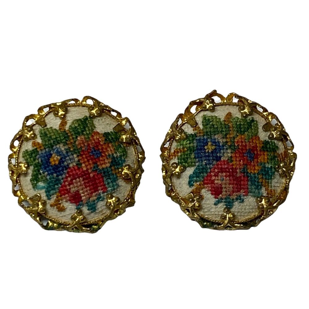 Vintage Petite Point Floral Earrings Brass Filigree Clip-On Mid Century Needlep